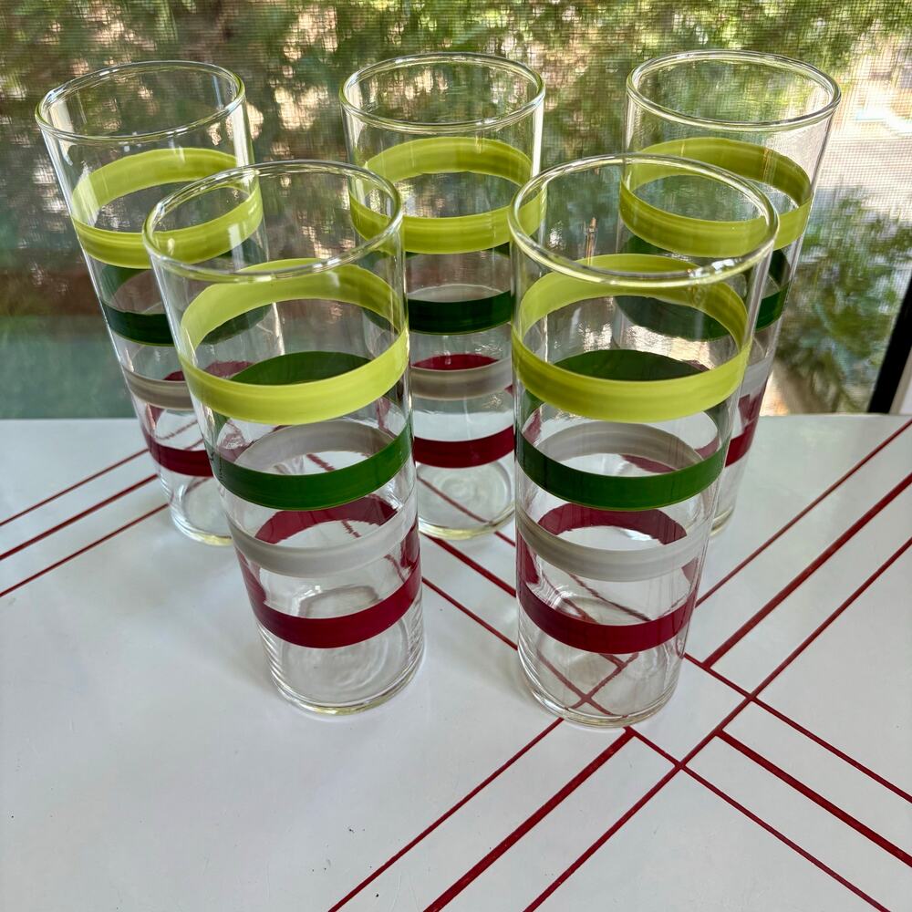 Set of 5 Federal Glass Tumblers Color Band Mid Century Drinking Glasses